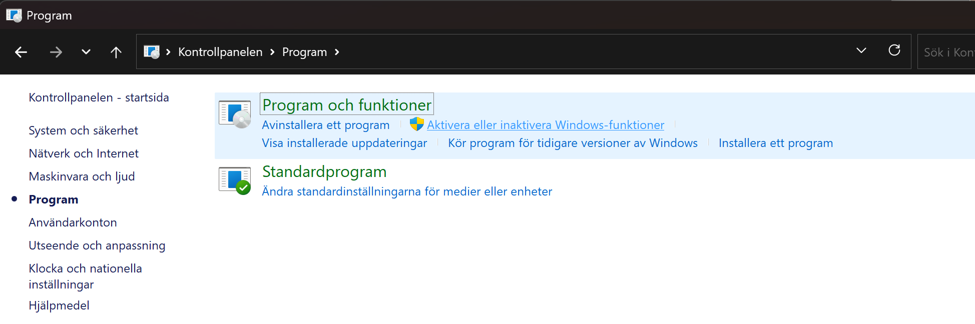 Kontrollpanelen/Program