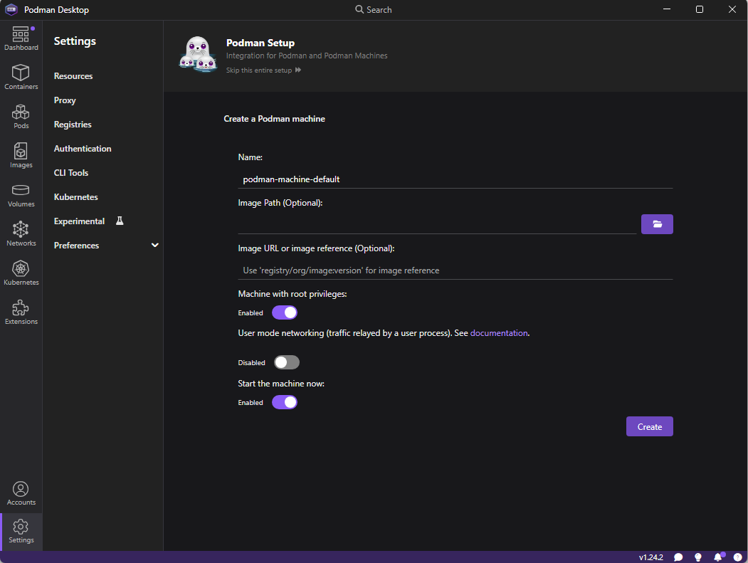 Standard inställningar för en Podman-maskin