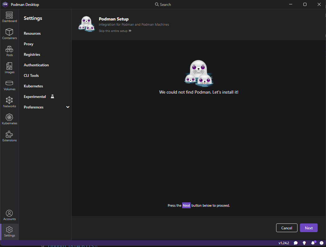 Podman Desktop - Fortsätt med nästa